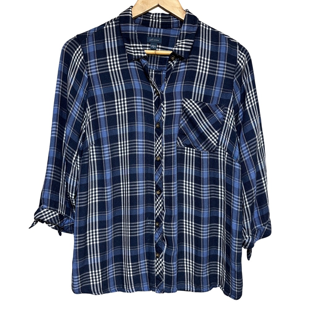 J Jill Denim Plaid 3/4 Sleeve Button Down Shirt Top‎ Womens M Blue Lightweight